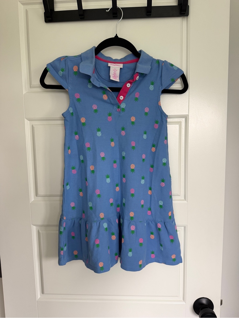 Tommy Bahama Girls Blue Pineapple Polo Dress with Pink Trim
